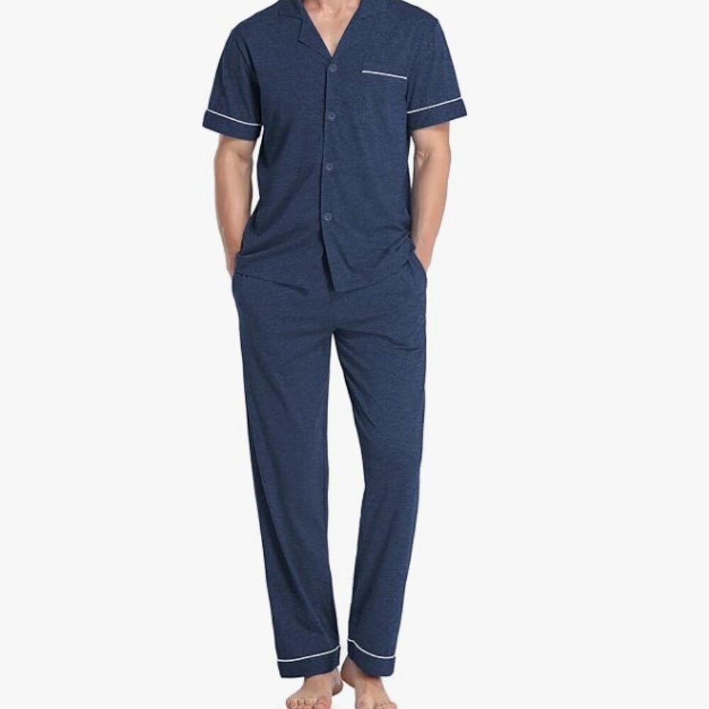 Men's 100% Cotton Pajamas Set Button Down Sleepwear Short Sleeve Blue